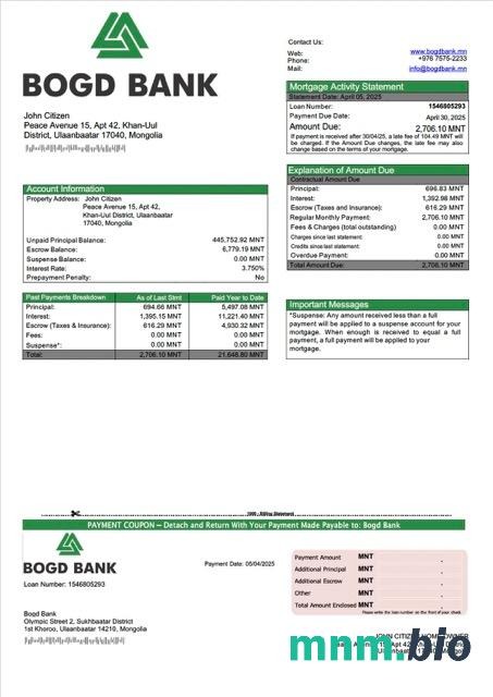 Mongolia Bogd Bank wyciąg z kredytu hipotecznego szablon Word i PDF